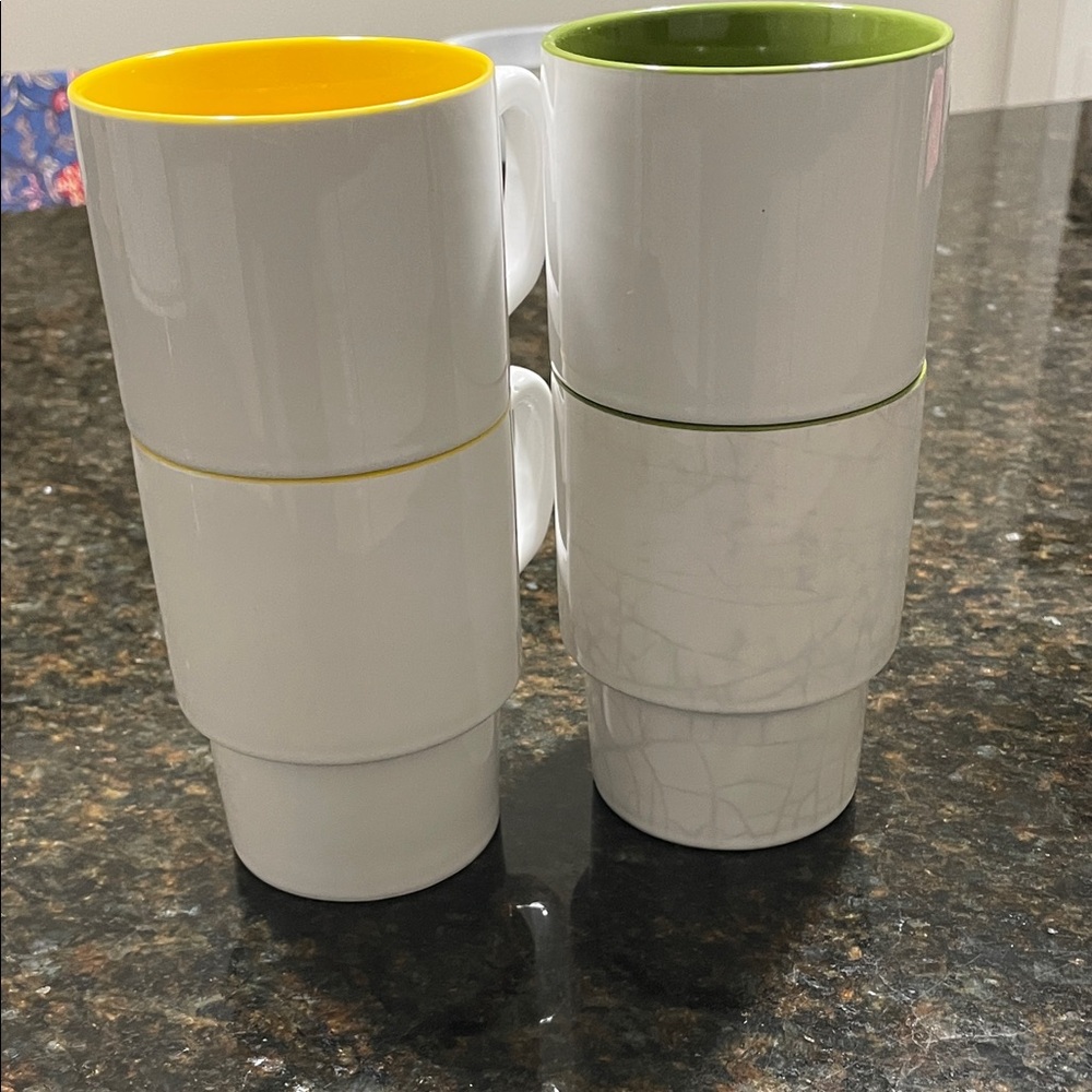 Crate&Barrel White Mug with Yellow and Green Accents stacking set